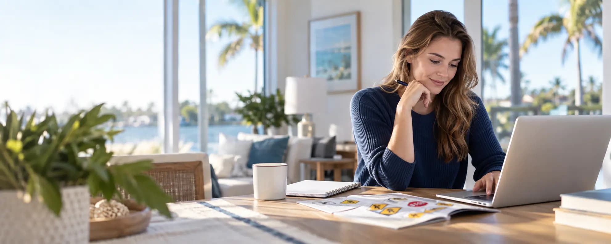 A white woman studying Florida driving theory at home